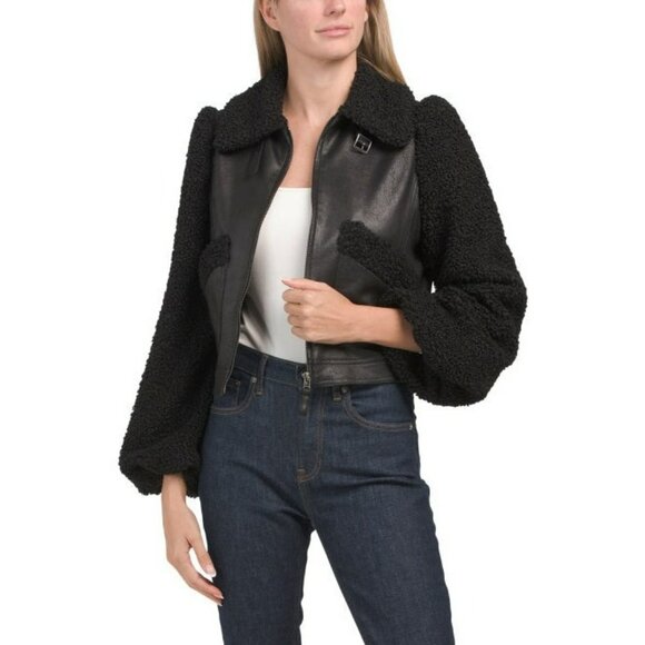NWT MAX STUDIO LONDON Faux Leather Jacket With Fur Sleeves And Collar Size Mediu - Picture 1 of 8
